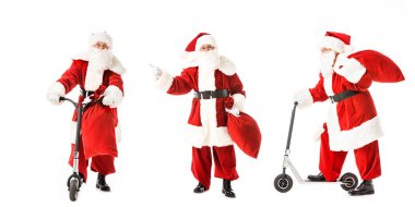 Noel Baba kolaj scooter üzerinde beyaz izole çeşitli teşkil etmektedir ve çuval ile