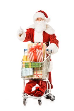 Noel alışveriş sepeti hediye tam ile gösteren başparmak kutuları üzerinde beyaz izole