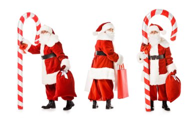 Noel Baba'nın kolaj şeker kamışı ve alışveriş torbaları üzerinde beyaz izole çeşitli teşkil etmektedir