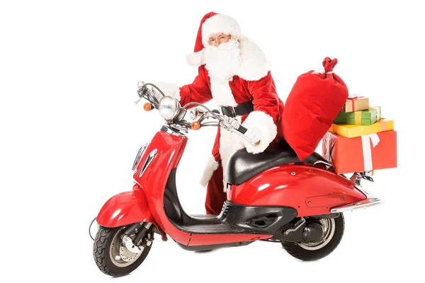 Santa Claus Empurrando Vintage Scooter Vermelho Com Sacos Caixas Presente — Fotografia de Stock