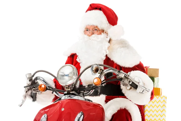 Santa Claus Equitação Vintage Scooter Vermelho Com Caixas Presente Olhando — Fotografia de Stock