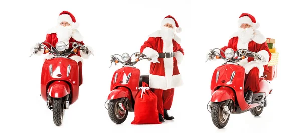 拼贴的圣诞老人与老式红色滑板车在不同的姿势在白色隔离 — 图库照片