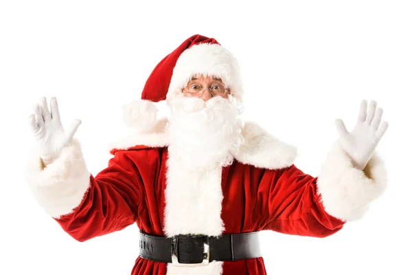 Emotionele Santa Claus Gebaren Met Handen Terwijl Kijken Naar Camera — Stockfoto