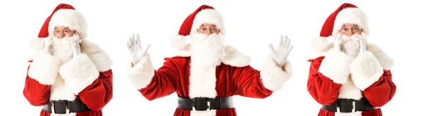 Collage Van Emotionele Santa Claus Verschillende Poses Geïsoleerd Wit — Gratis stockfoto