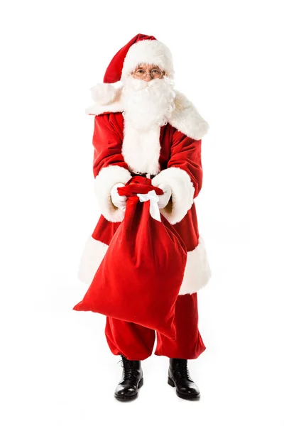 Santa Claus Mostrando Saco Câmera Isolado Branco — Fotografia de Stock