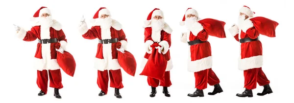 Collage Aus Weihnachtsmann Mit Sack Verschiedenen Posen Isoliert Auf Weiß — Stockfoto