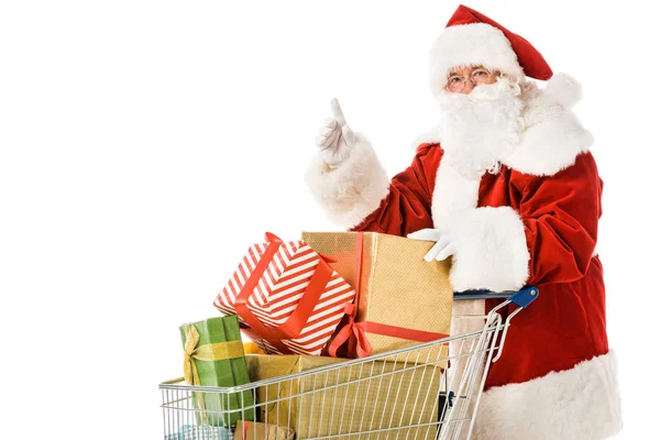 Kerstman Met Winkelwagentje Vol Geschenkdozen Omhoog Geïsoleerd Wit — Stockfoto