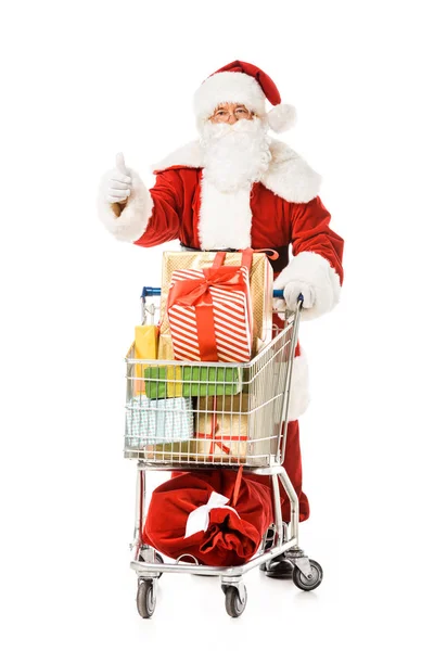 Santa Claus Con Carrito Compras Lleno Cajas Regalo Que Muestran — Foto de Stock