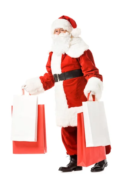Santa Claus Wandelen Met Papieren Zakken Handen Geïsoleerd Wit — Stockfoto