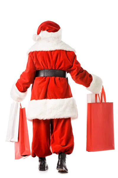 Visão Traseira Santa Claus Segurando Sacos Papel Isolados Branco — Fotografia de Stock