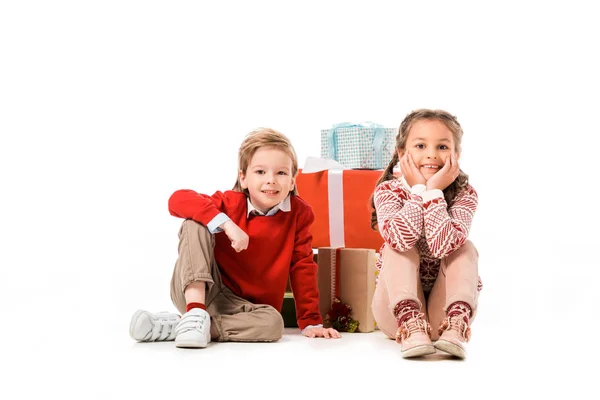 Adorable Little Kids Sitting Floor Pile Christmas Gifts Isolated White — Stock Photo, Image