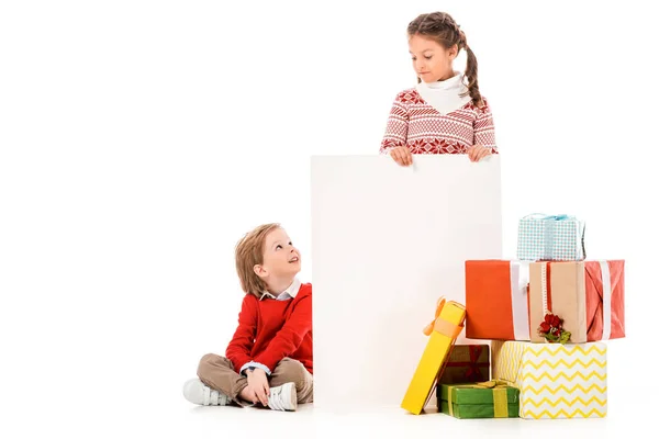 Cute Little Kids Pile Christmas Gifts Blank Board Isolated White Royalty Free Stock Photos