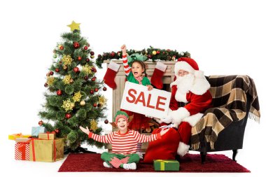 mutlu çocuklar elf kostümleri ve satışı büyük başlığı, holding santa Noel alışveriş