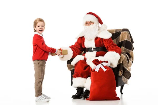 Santa Presenting Christmas Gift Excited Kid Isolated White — Stock Photo, Image