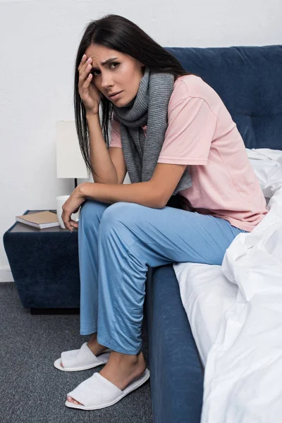 Sick Young Woman Scarf Suffering Headache While Sitting Bed — Stock Photo, Image