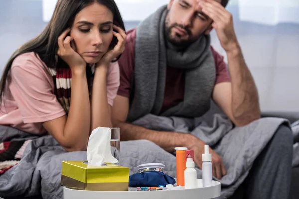 Sick Couple Meds Table Sitting Together Couch — Stock Photo, Image