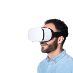 Bearded man using vr technology isolated on white