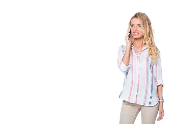 Mujer Con Pelo Rubio Hablando Teléfono Inteligente Aislado Blanco — Foto de stock gratis