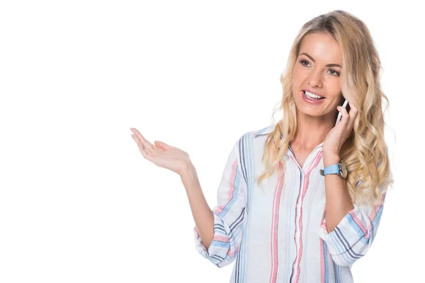 Woman Talking Smartphone Showing Something Isolated White — Free Stock Photo