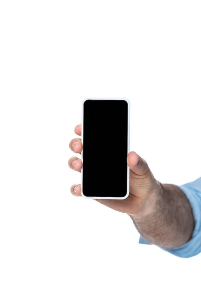 Man Holding Gadget Blank Screen Isolated White — Stock Photo, Image
