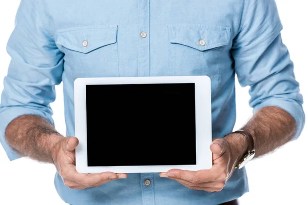 男子手持数字平板电脑 空白屏幕上白色孤立 — 图库照片