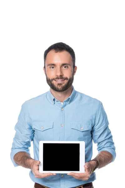 Glimlachende Man Die Digitale Tablet Geïsoleerd Wit — Stockfoto