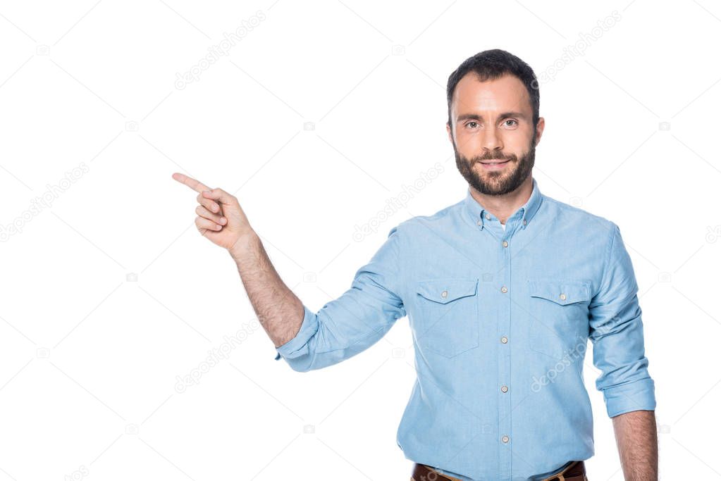 bearded man pointing on something isolated on white