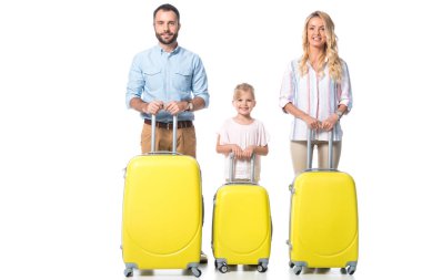 family with yellow suitcases looking at camera isolated on white clipart