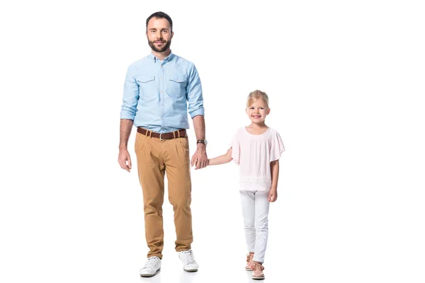 Father Daughter Holding Hands Looking Camera Isolated White — Stock Photo, Image