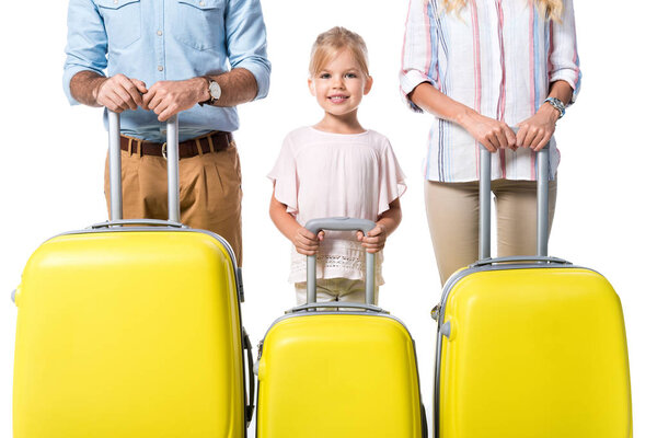 front view of family with suitcases isolated on white