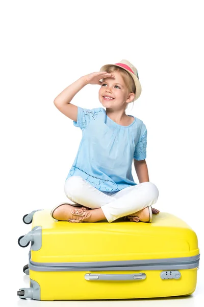 Child Sitting Yellow Suitcase Isolated White — Stock Photo, Image