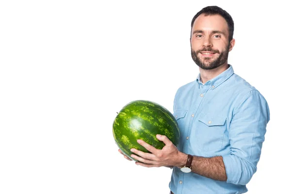 Homme Barbu Avec Pastèque Isolé Sur Blanc — Photo