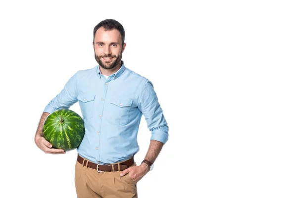 Smiling Man Holding Watermelon Isolated White — Free Stock Photo