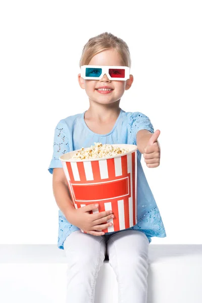 Kid Glasses Popcorn Showing Thumb Isolated White — Stock Photo, Image