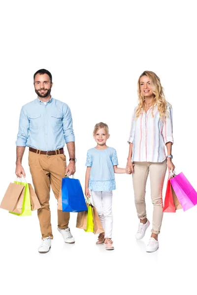 Familj Med Shoppingkassar Isolerad Vit — Stockfoto