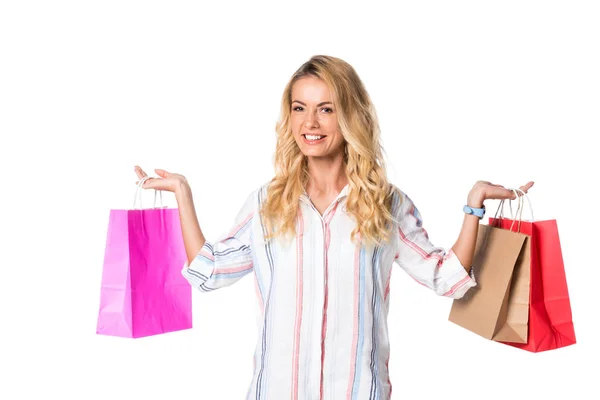 Woman Blonde Hair Shopping Bags Isolated White — Free Stock Photo