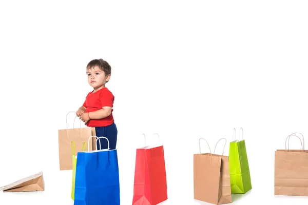 Cute Boy Playing Shopping Bags Isolated White — Stock Photo, Image