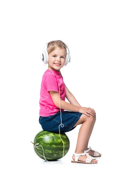 Smiling Kid Listening Music Headphones Isolated White Technology Concept — Stock Photo, Image