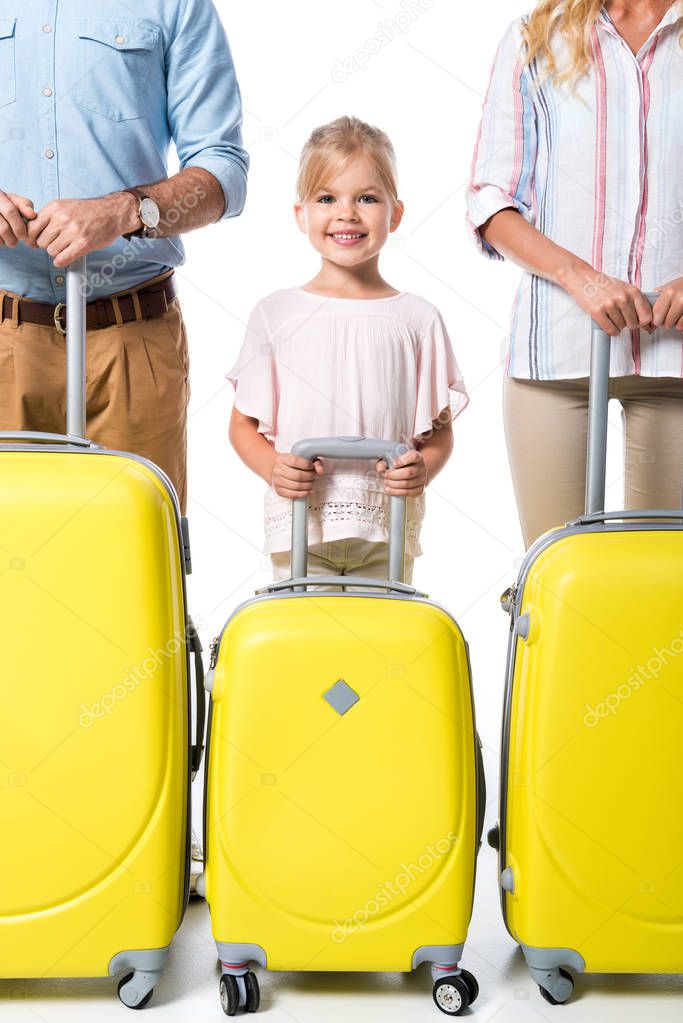 happy family with luggage isolated on white
