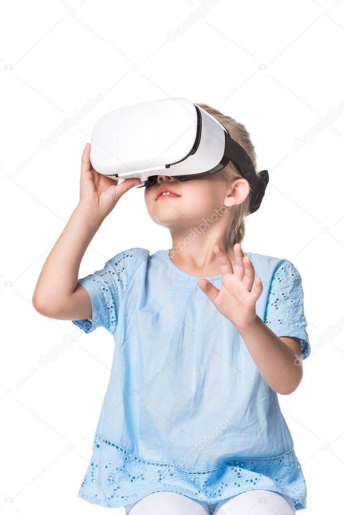 child using virtual reality headset isolated on white