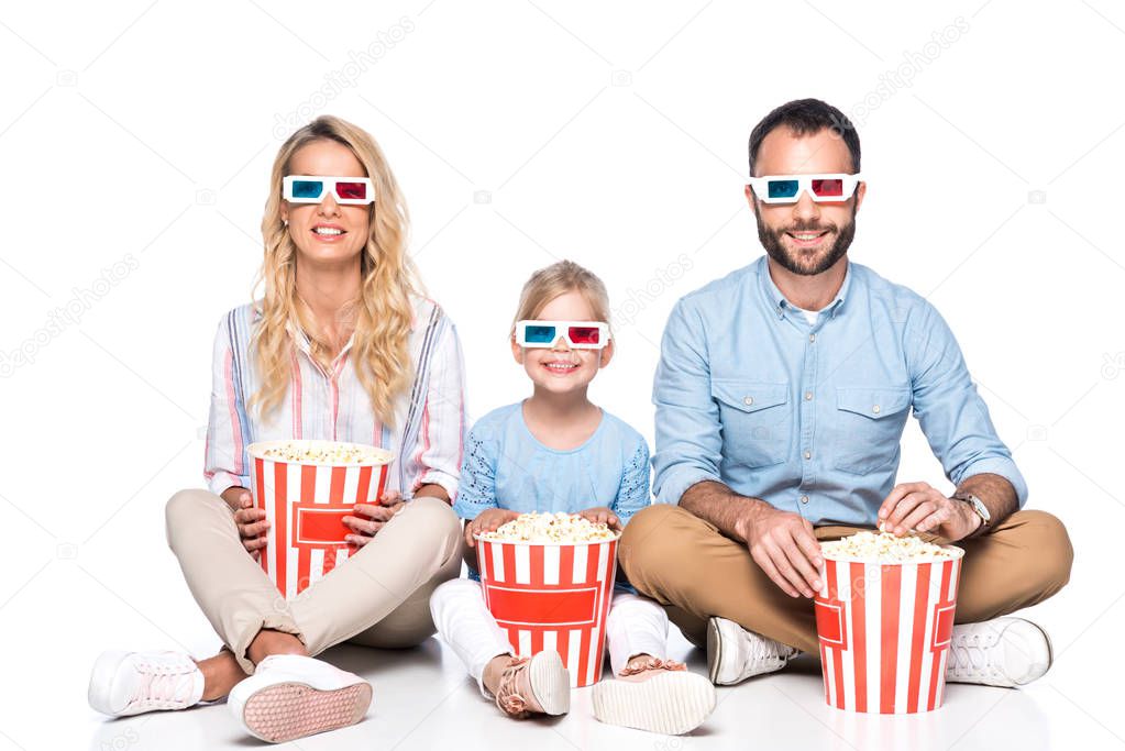 happy family with popcorn isolated on white