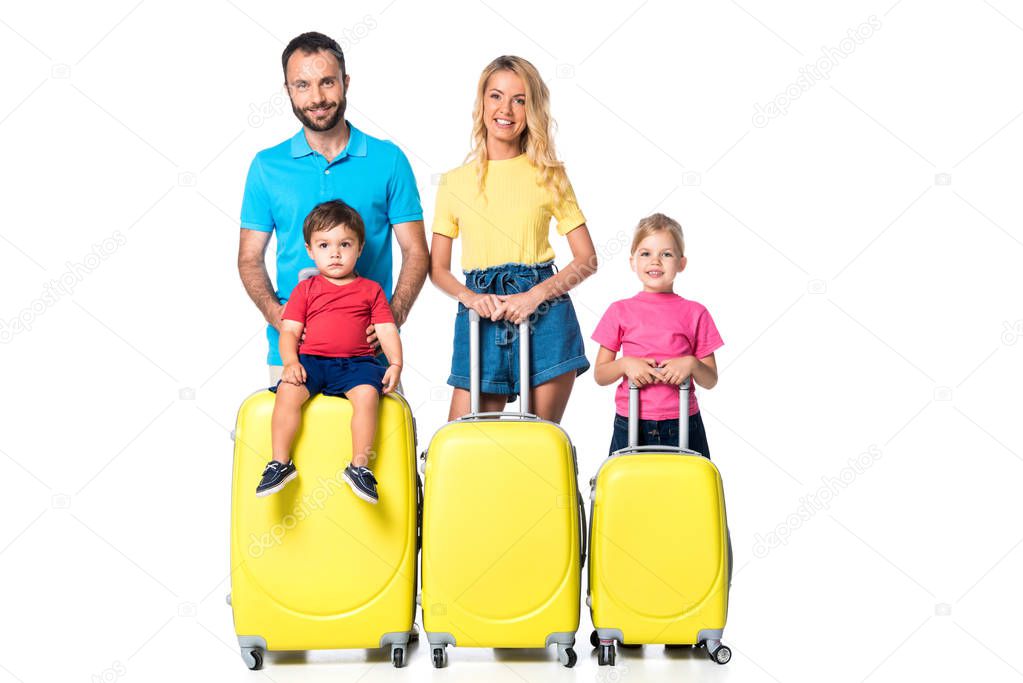 happy family with yellow suitcases isolated on white