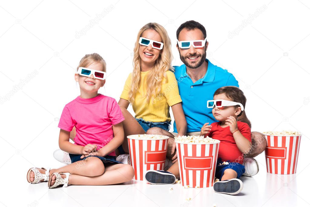front view of family with popcorn and 3d glasses isolated on white