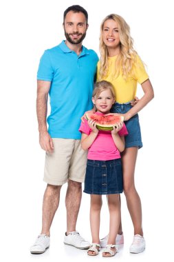 beyaz izole karpuz ile gülümseyen aile