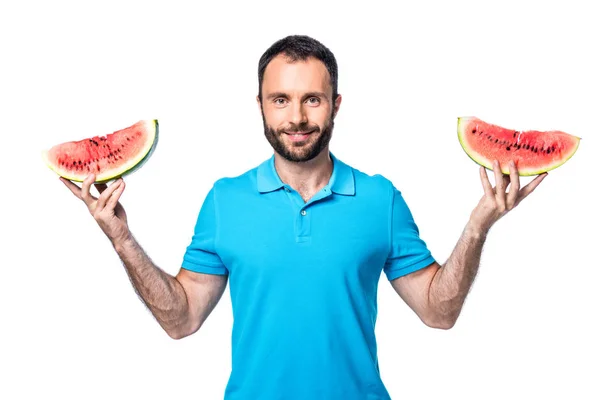 Mann Mit Zwei Scheiben Wassermelone Isoliert Auf Weiß — Stockfoto