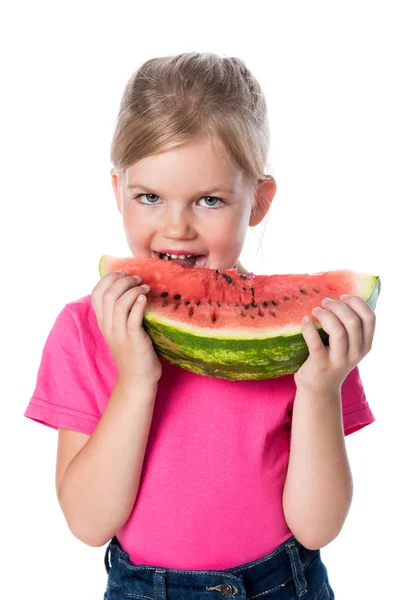 Kid Eating Watermelon Isolated White — Stock Photo, Image