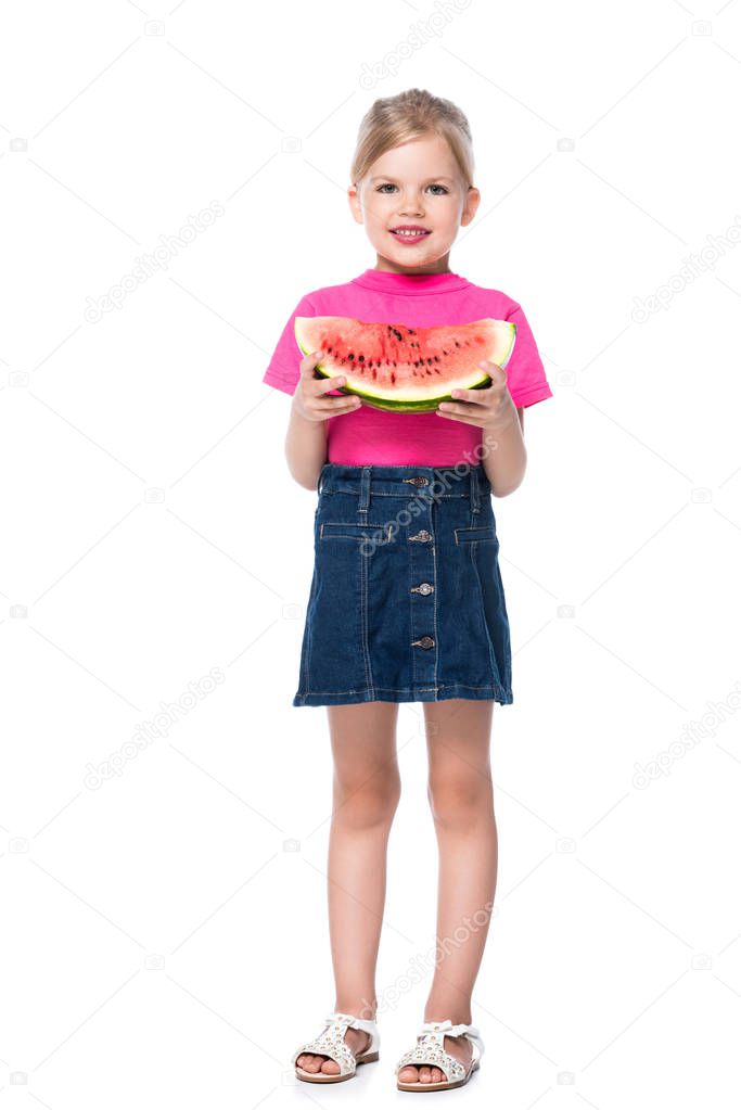 kid holding watermelon isolated on white