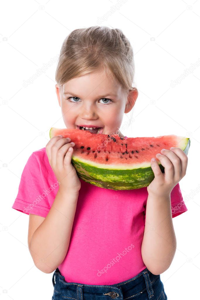 kid eating watermelon isolated on white