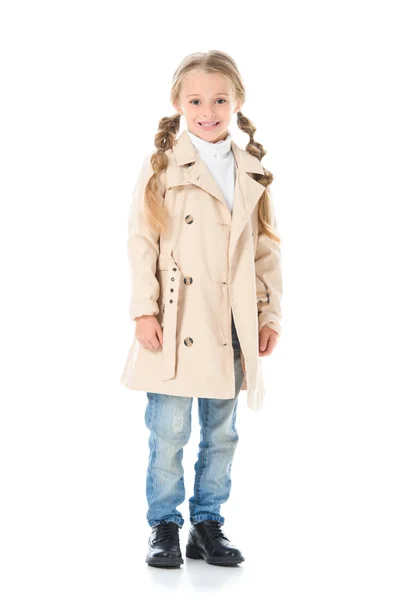 Entzückendes Kind Posiert Beigem Mantel Isoliert Auf Weiß — Stockfoto