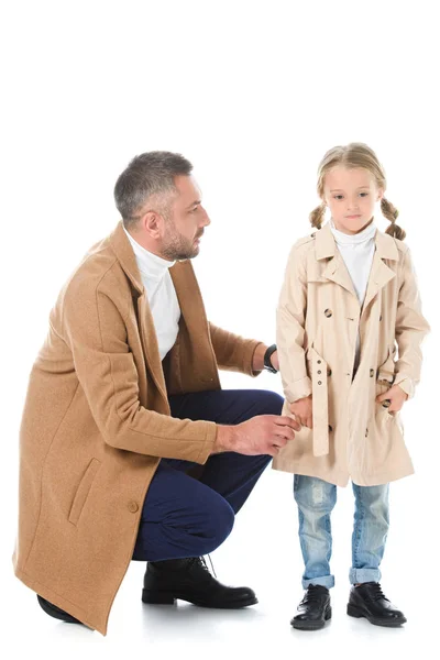 Stylish Father Daughter Beige Autumn Coats Isolated White — Free Stock Photo